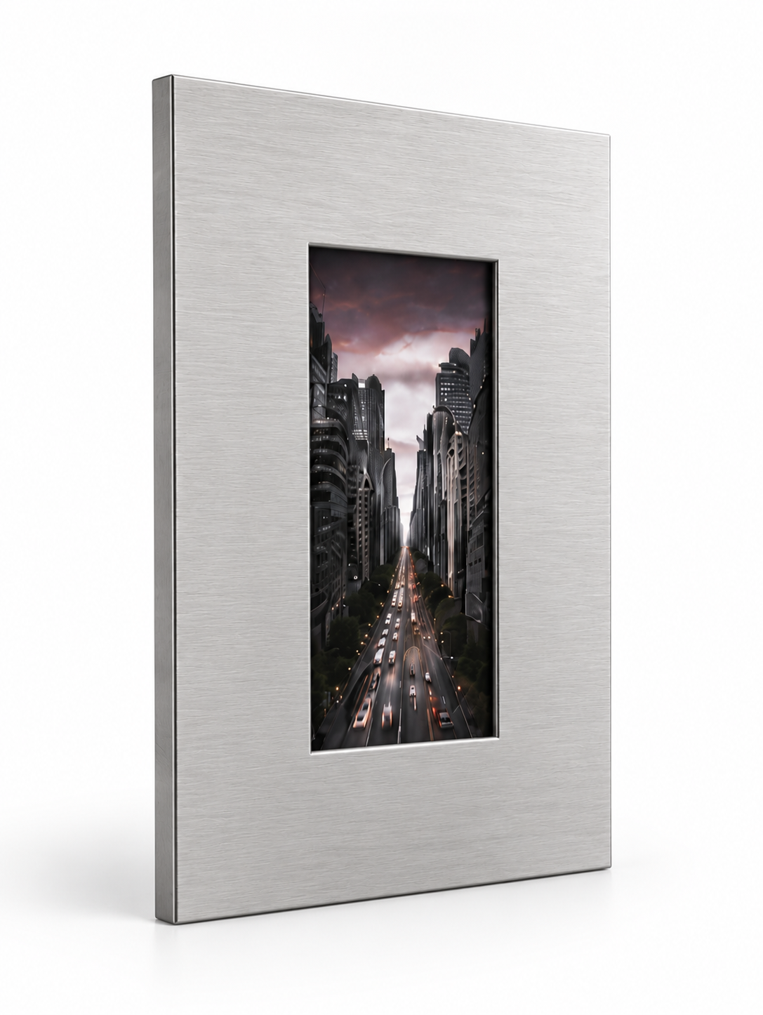 Angled view of the Aperture Frame showing its wide brushed stainless steel border
