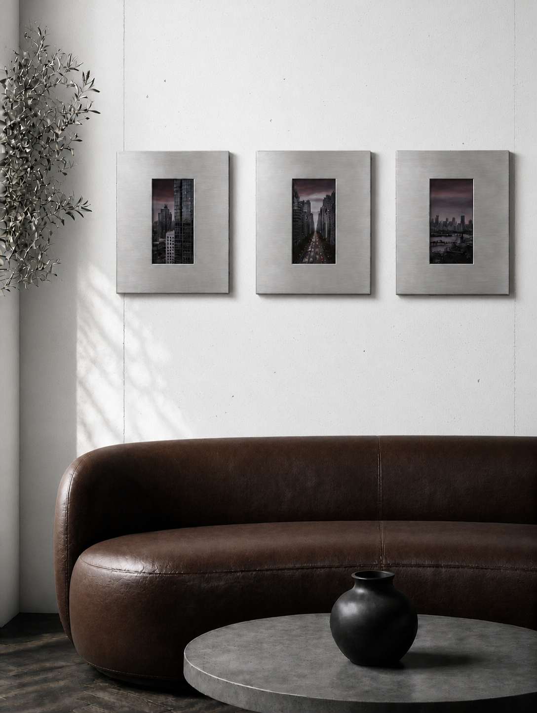Three Aperture Frames styled above a sofa for inspiration; price is per single frame