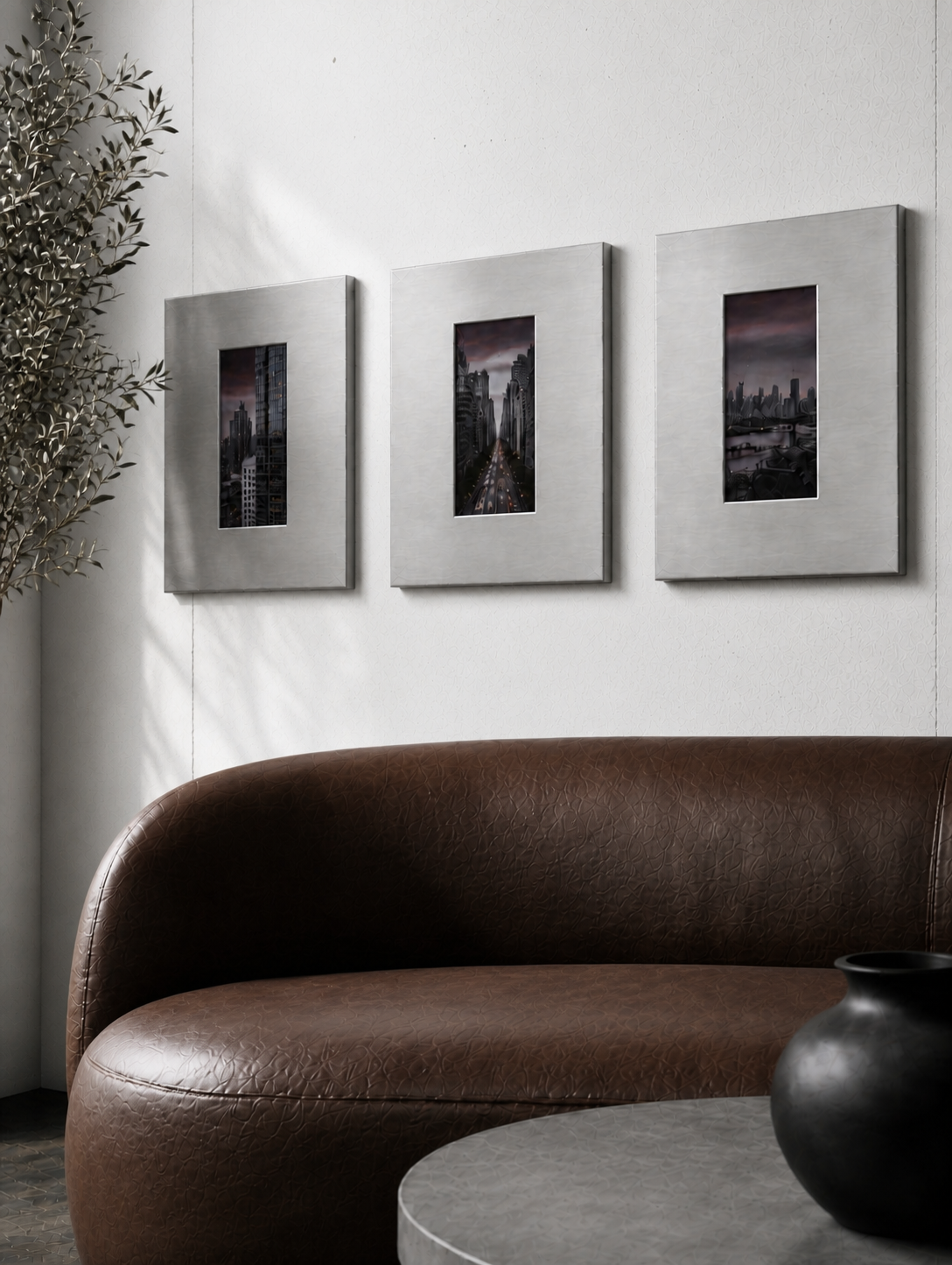 Angled gallery-wall arrangement with three Aperture Frames; each frame sold separately