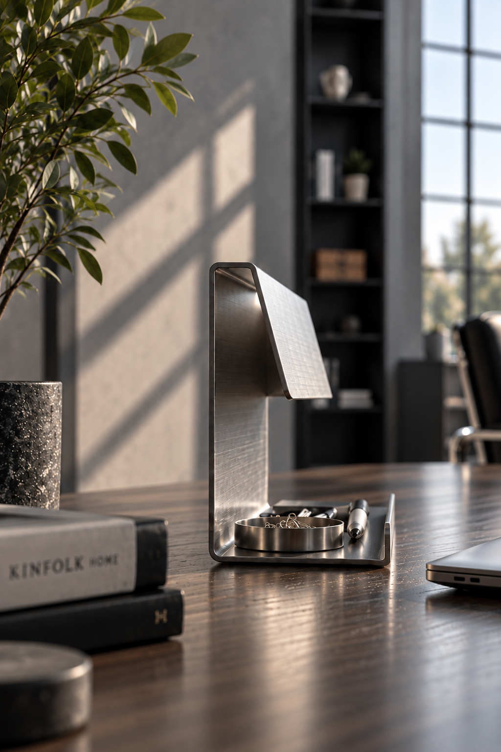 Side profile of the folded brushed stainless steel Desk Ledge