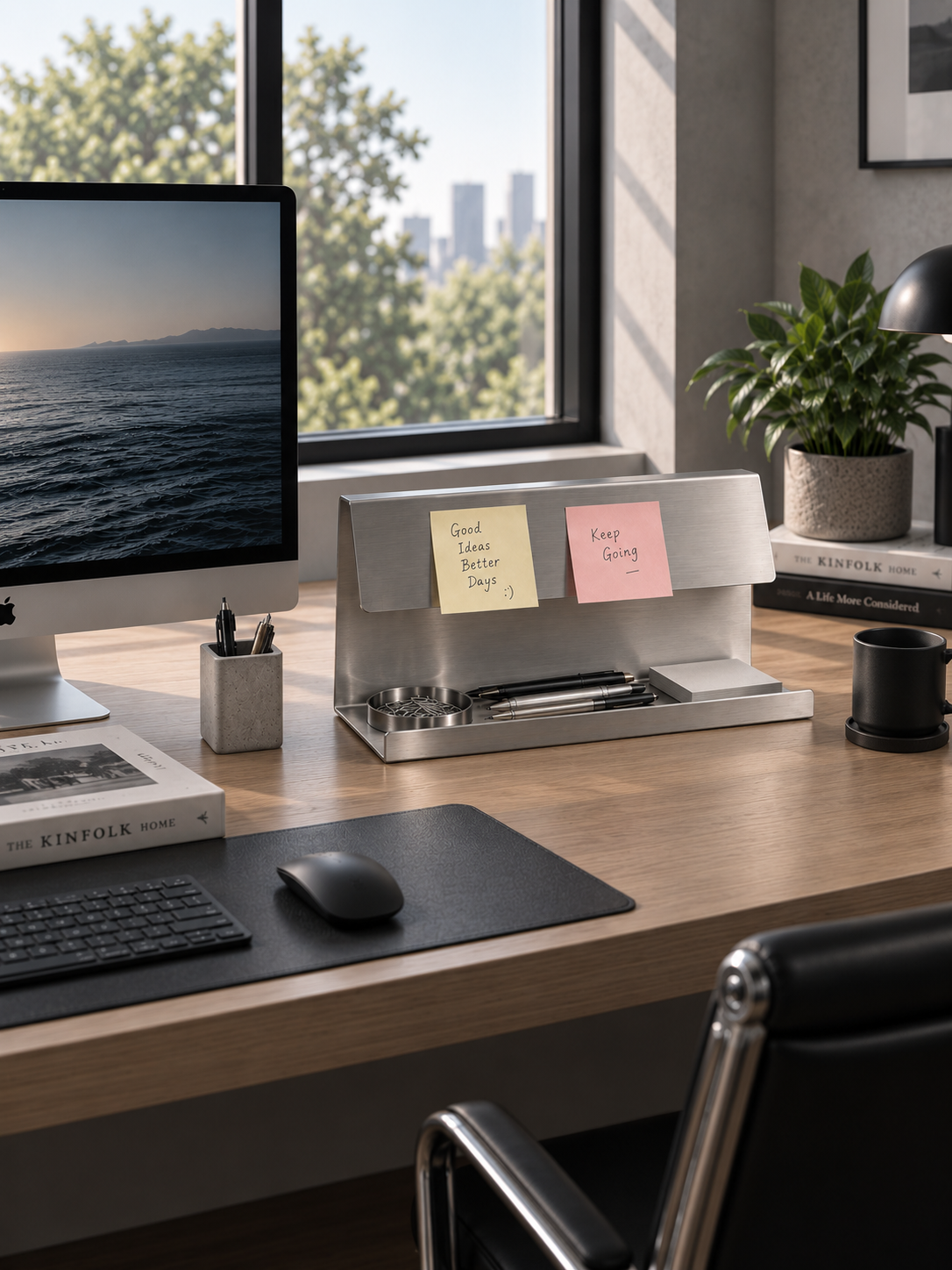 Wide workspace view of the FORM/17 Desk Ledge