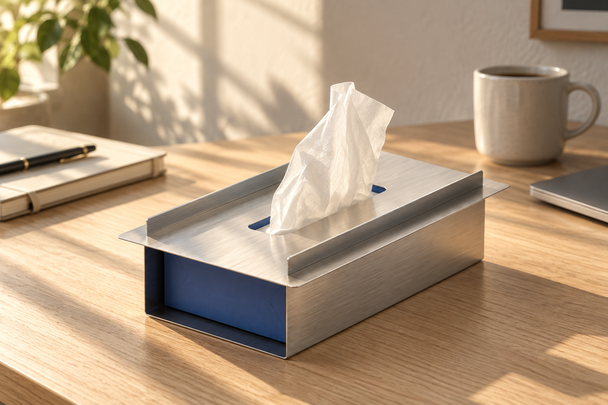 Fold Tissue Holder in brushed stainless steel on a sunlit wooden desk