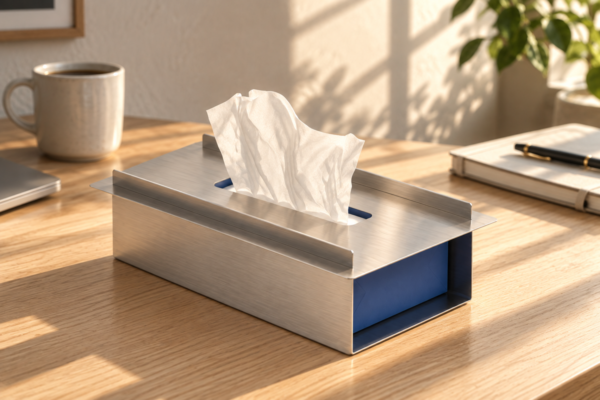 Opposite angle showing the brushed steel sides and open end