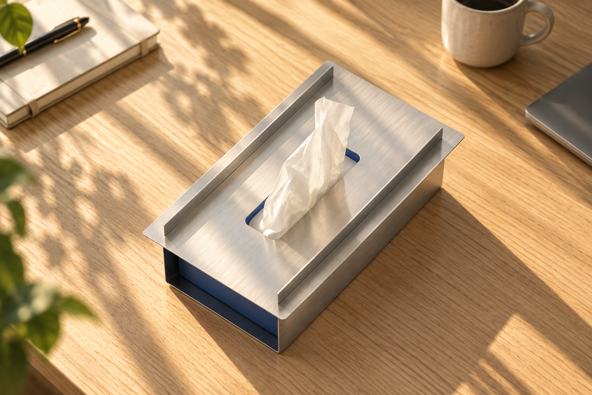 Overhead view of the Fold Tissue Holder on a wooden desk