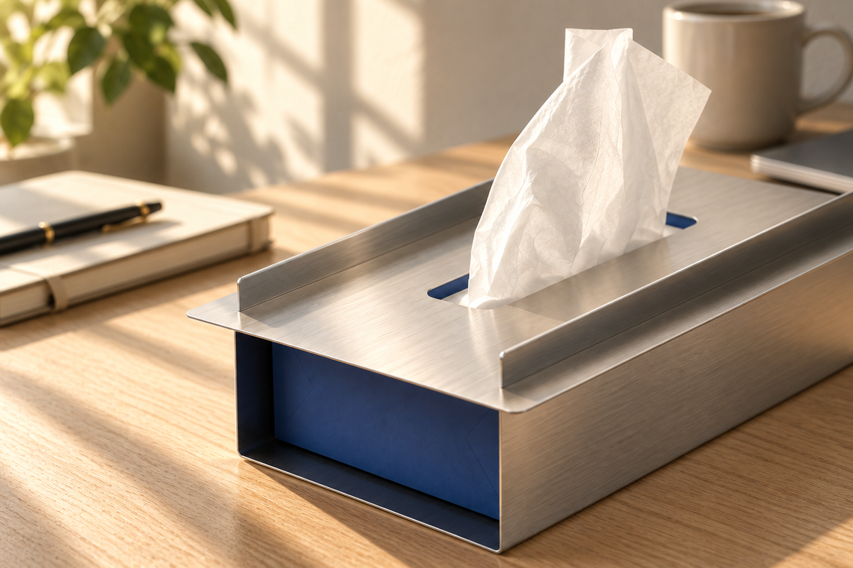 Close-up of the brushed stainless steel finish and tissue opening