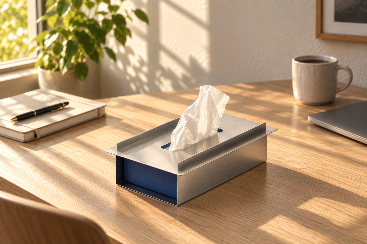 Fold Tissue Holder styled beside a notebook and laptop