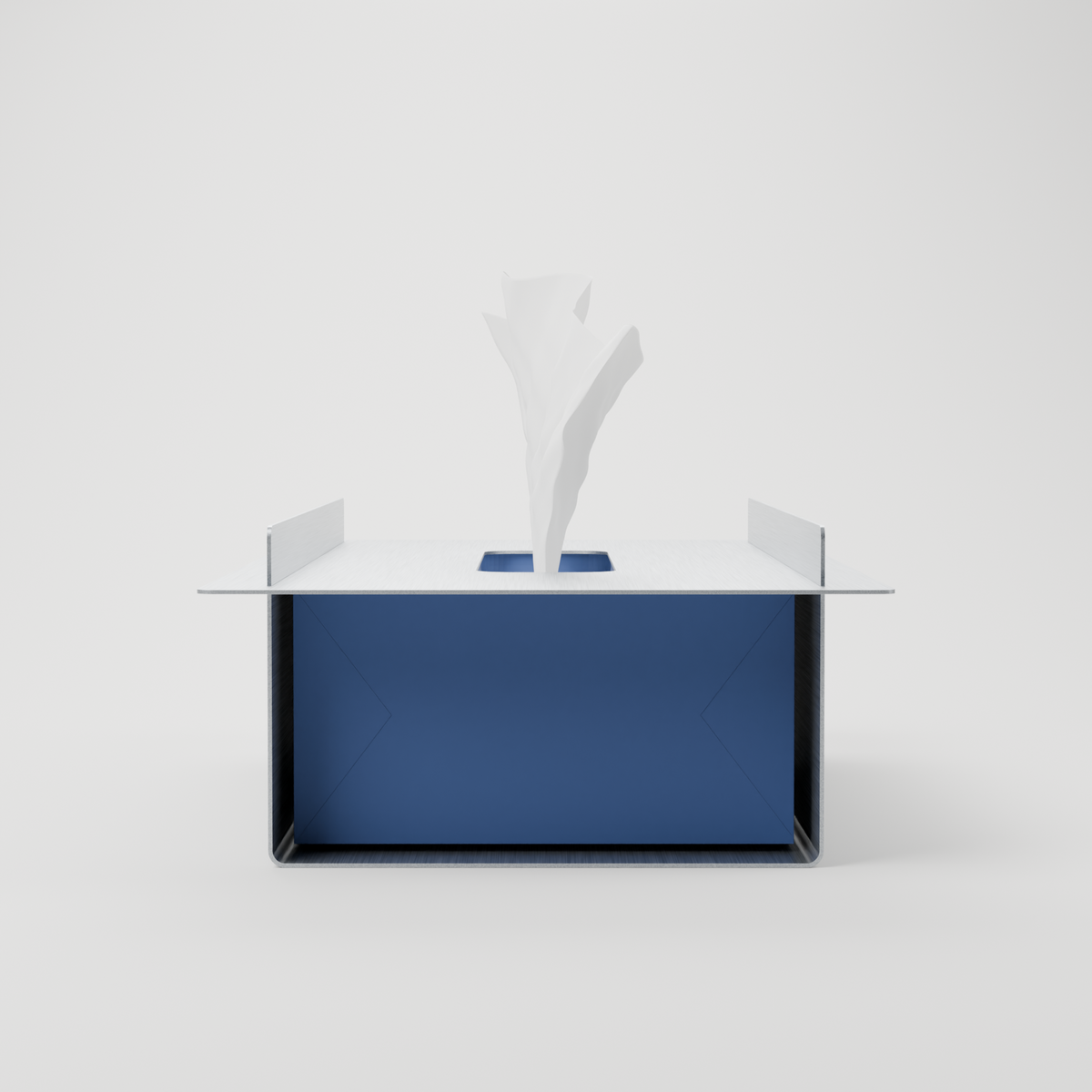 Open-end view of the brushed steel holder containing a tissue box