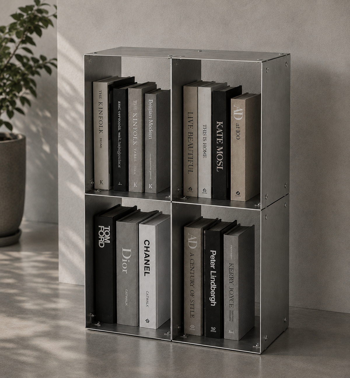 Angled view of the FORM/17 GRID/04 bookshelf