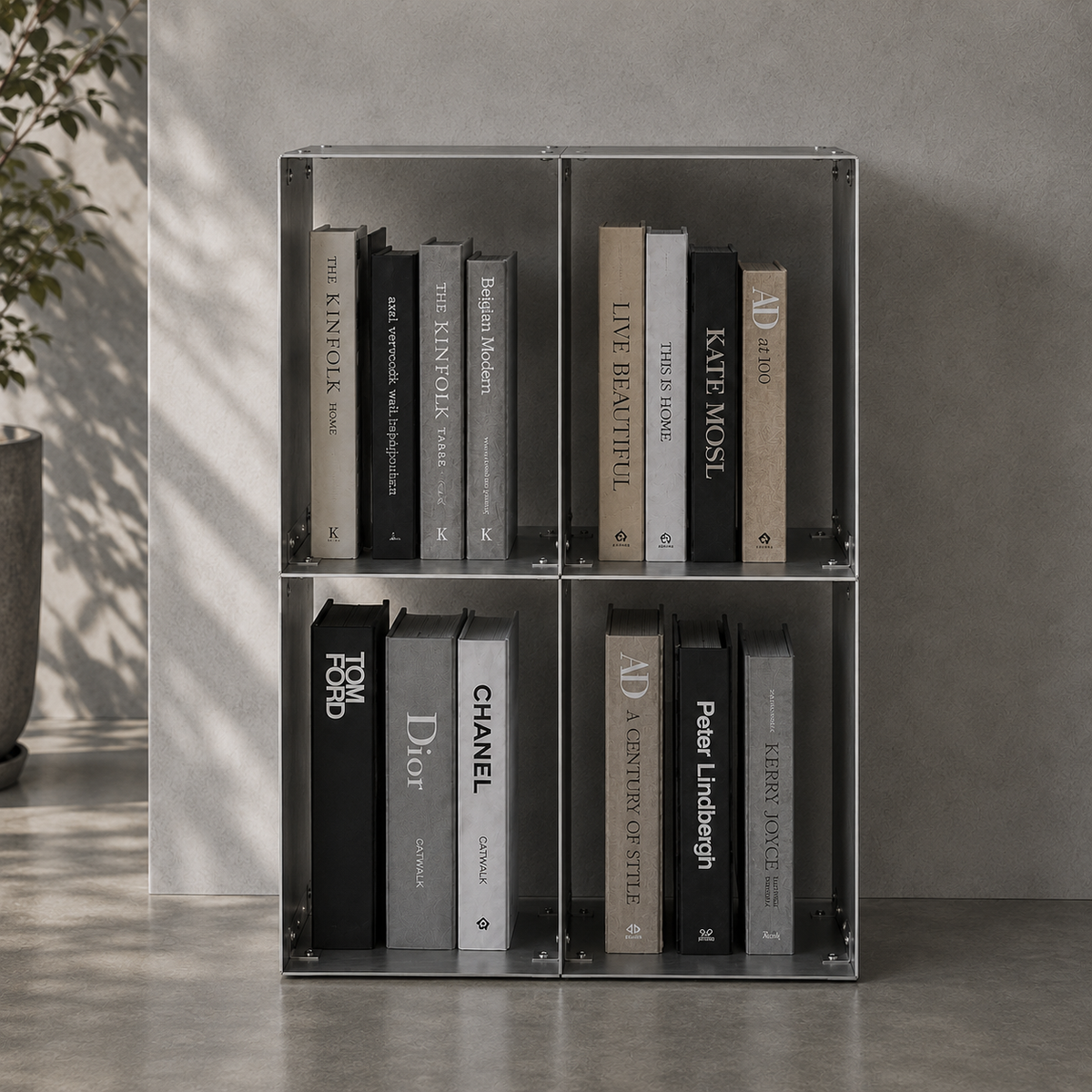 Front view of the FORM/17 GRID/04 modular stainless steel bookshelf