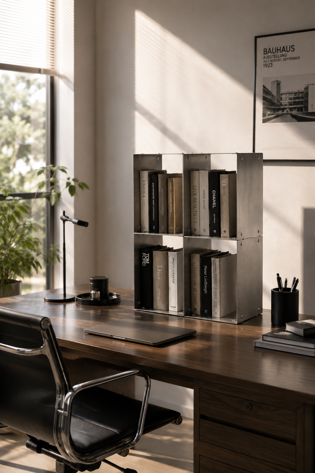 FORM/17 GRID/04 bookshelf styled on an office desk