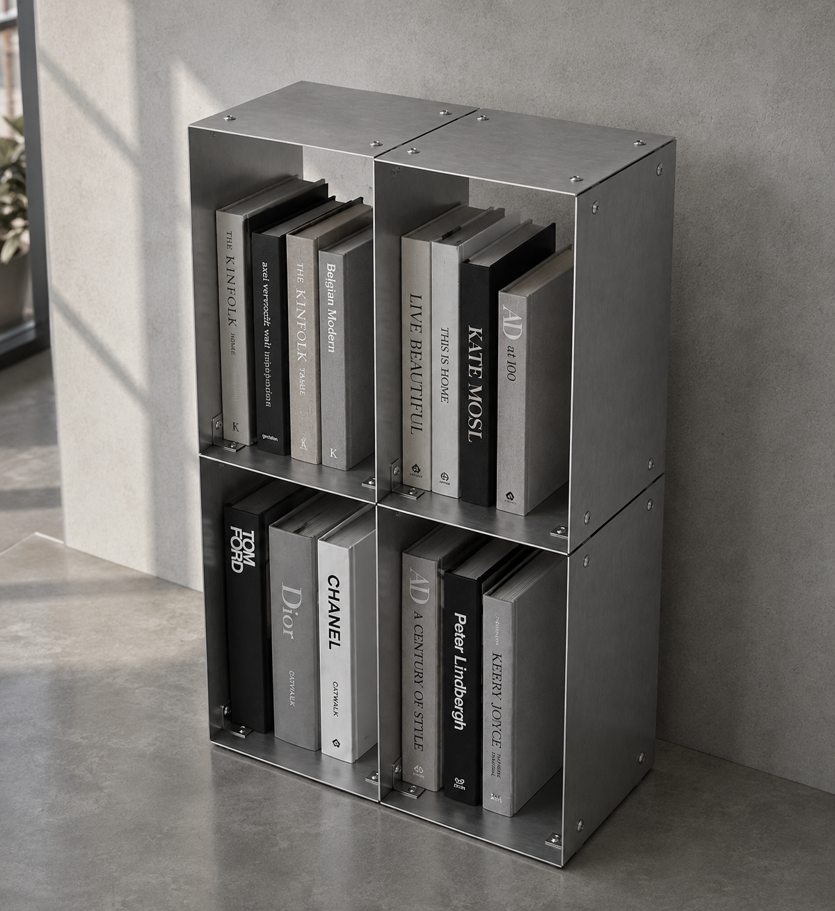 Three-quarter view showing the four sections of the FORM/17 GRID/04 bookshelf